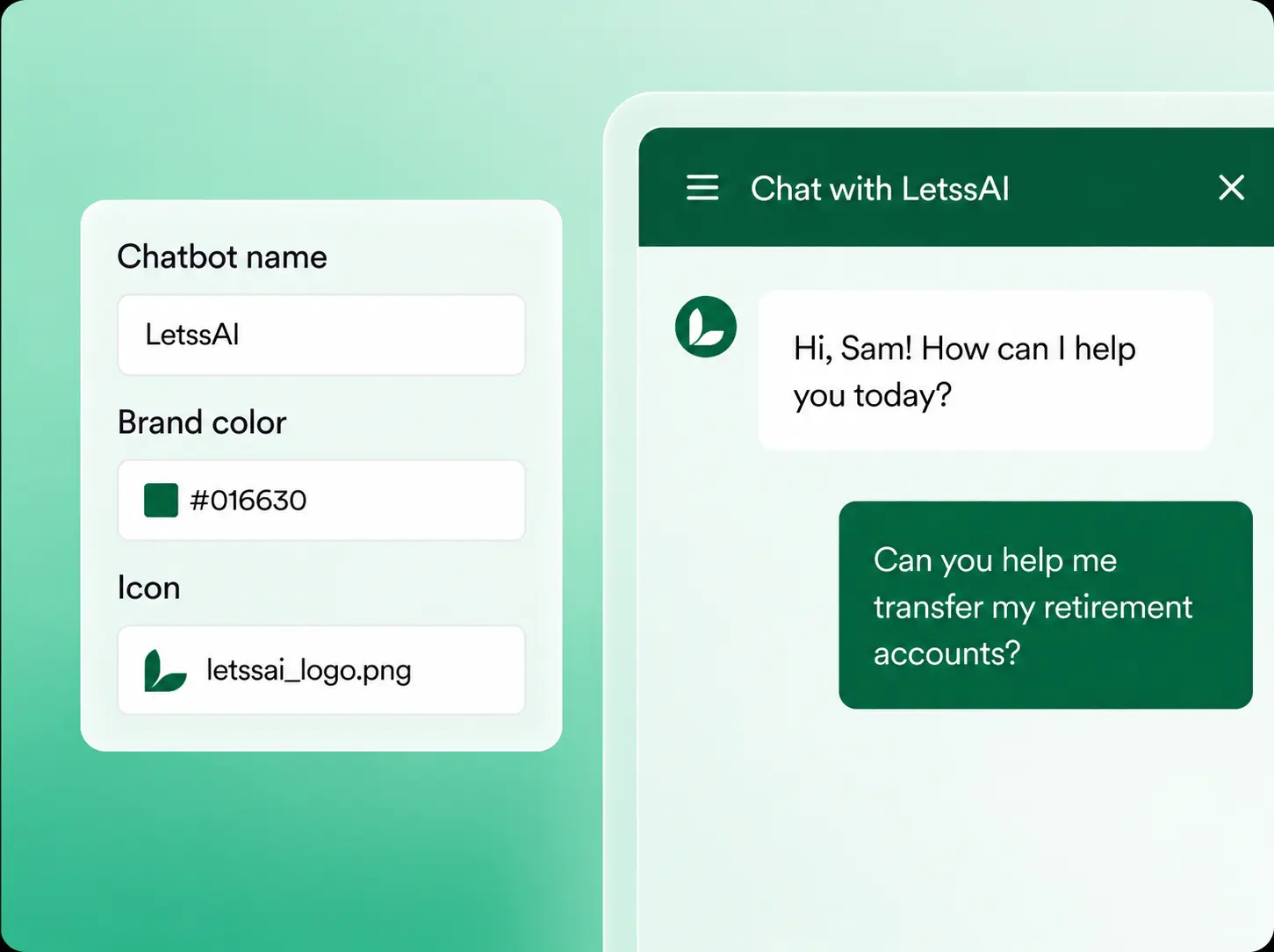 LetssAI chatbot customization showing its name, brand color, icon, and customer conversation
