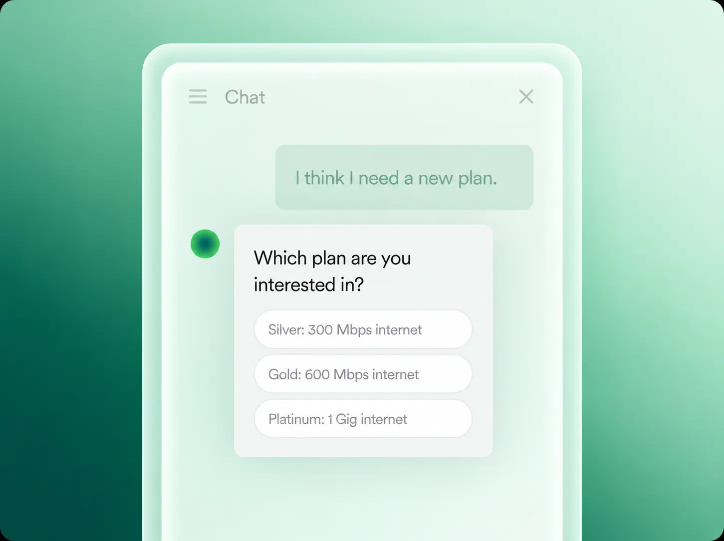 Customer support chat offering quick reply choices for plan selection