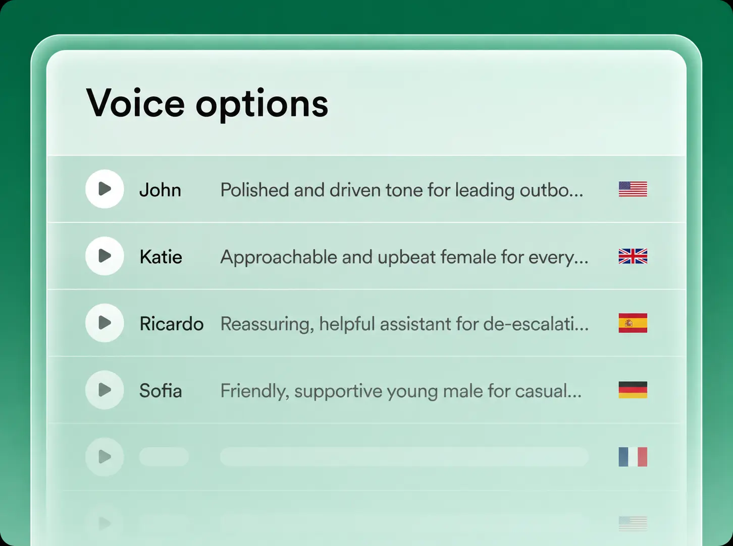 Interface showing configurable AI voice profiles